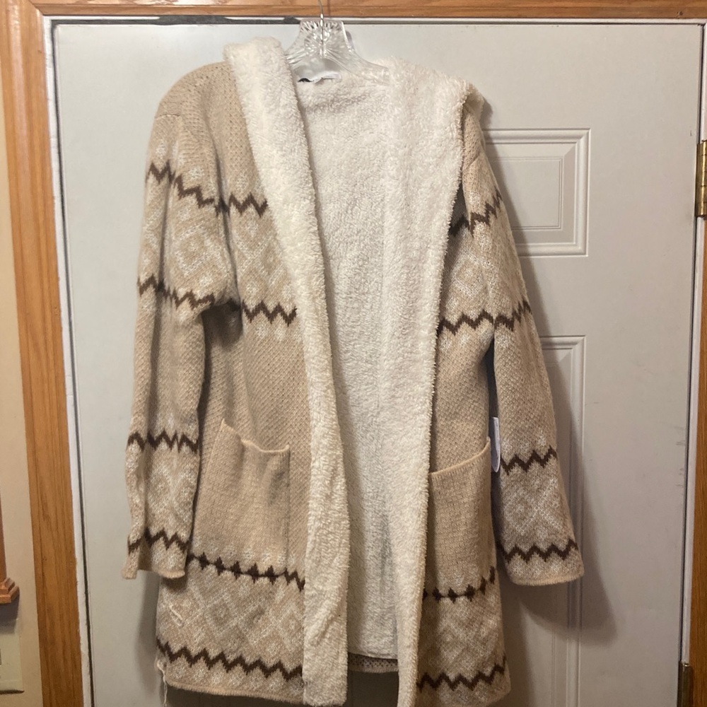 Cozy Sherpa-Lined Hooded Cardigan Sweater - Cream Beige XL NWT